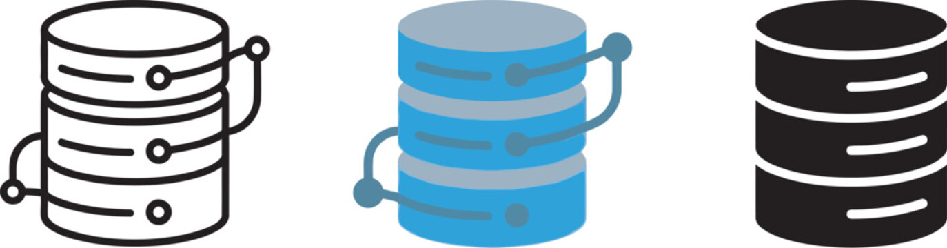 Set of database icons representing data storage and connectivity options for technology