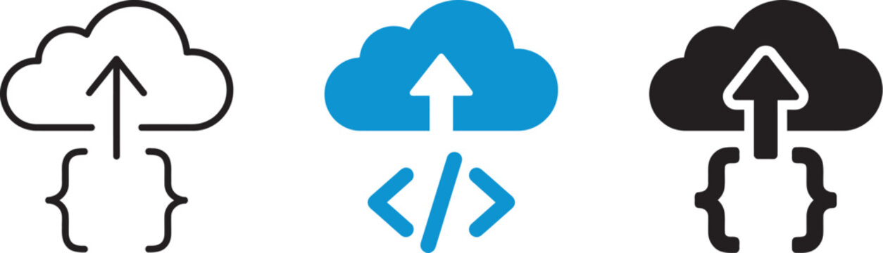 Cloud computing icons representing upload and code development on transparent background