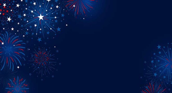 Festive blue and white fireworks display against a dark background
