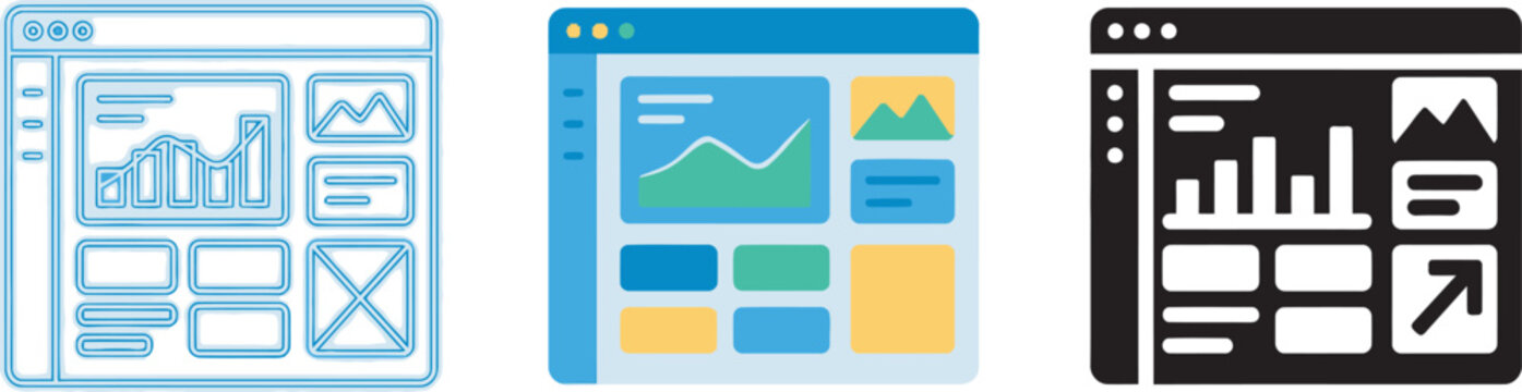 Three different styles of dashboard interface mockups featuring graphs and charts for analysis