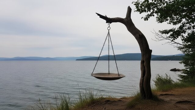 Balance scale hanging from a tree branch near water under a cloudy sky