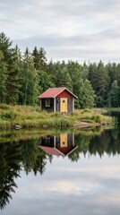 Fototapeta premium Small Wooden Cabin by the Tranquil Lake Surrounded by Nature