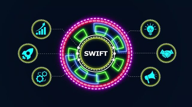 Swift programming language development concept animation showing digital icons and neon glowing circles.