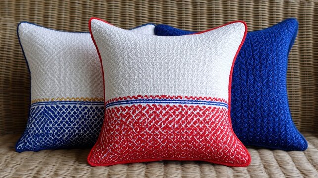 Three decorative woven throw pillows with red, white, and blue patterns arranged on a wicker surface.