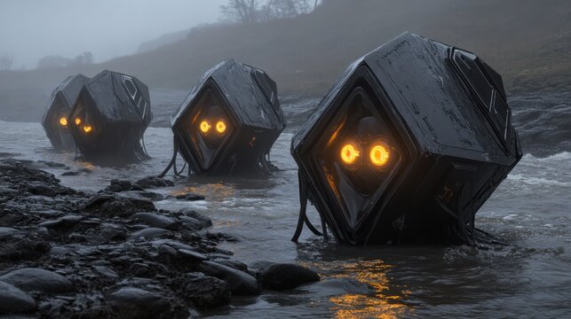 Dark, cube-shaped, alien entities in a misty river