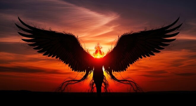 Silhouetted winged figure with fiery head against sunset sky