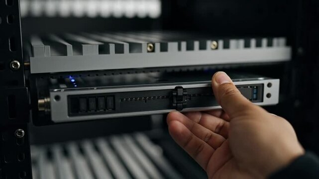 Hand holding server hardware module closeup.