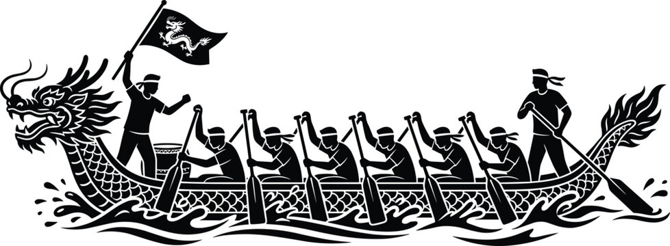 Traditional dragon boat race illustration with paddlers, drummer, steerer, dragon head, and cultural teamwork celebration