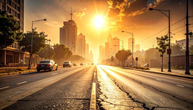 Ground-Level View of Scorching City Street in Extreme Summer Heat Wave with Shimmering Heat Haze and Sunlight