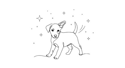 Cute puppy dog drawing outline with stars and sparkles, playful and happy doodle illustration © Vector