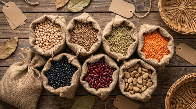 Variety grains displayed on wooden table