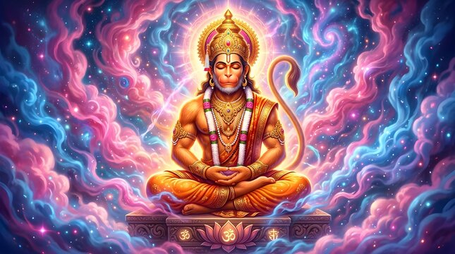 Vibrant digital illustration of Hanuman meditating in cosmic space