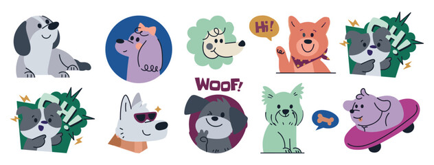 Cute dog sticker pack collection with various breeds and expressions collection illustration domestic companion labrador retriever dachshund germanshepherd chihuahua wolfhound pomeranian © Domestock