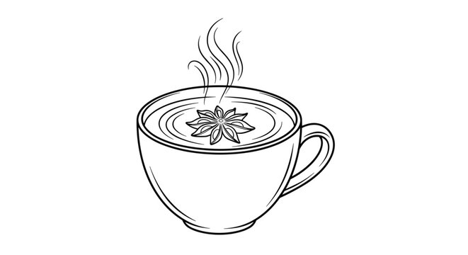 Illustration of steaming chai latte in a simple ceramic mug with a star anise floating on top, line art style on a white background