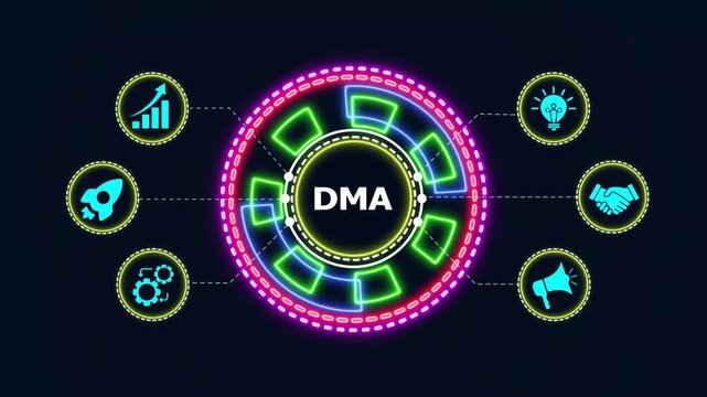 Dynamic digital marketing abstract animation with icons representing growth and strategy.