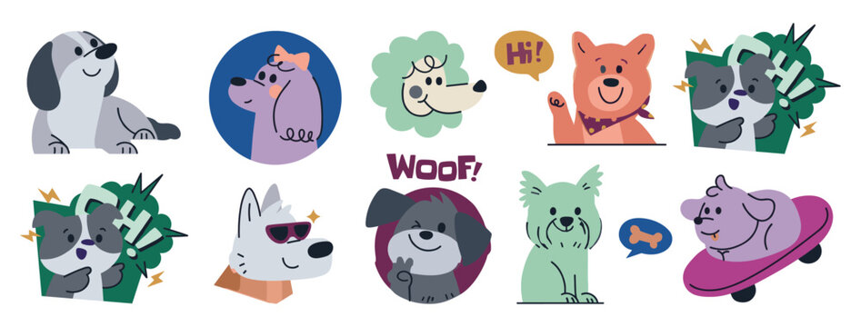 Cute dog sticker pack collection with various breeds and expressions collection illustration domestic companion labrador retriever dachshund germanshepherd chihuahua wolfhound pomeranian