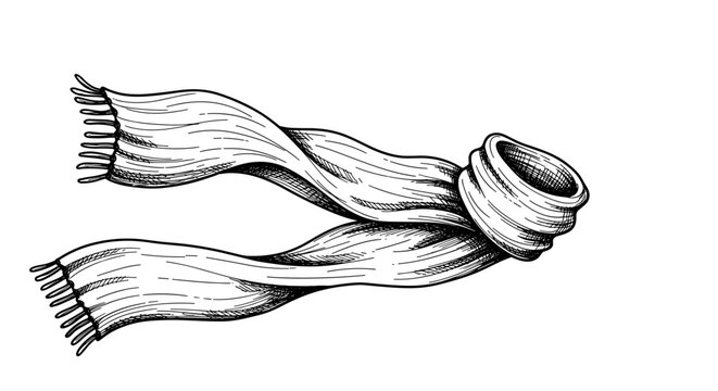Intricately drawn black and white illustration of a scarf gracefully flying in the wind, showcasing detailed texture and movement on a clean white background