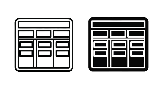 Data table grid icon set in outline and solid black graphic styles for spreadsheet and database management interface design elements