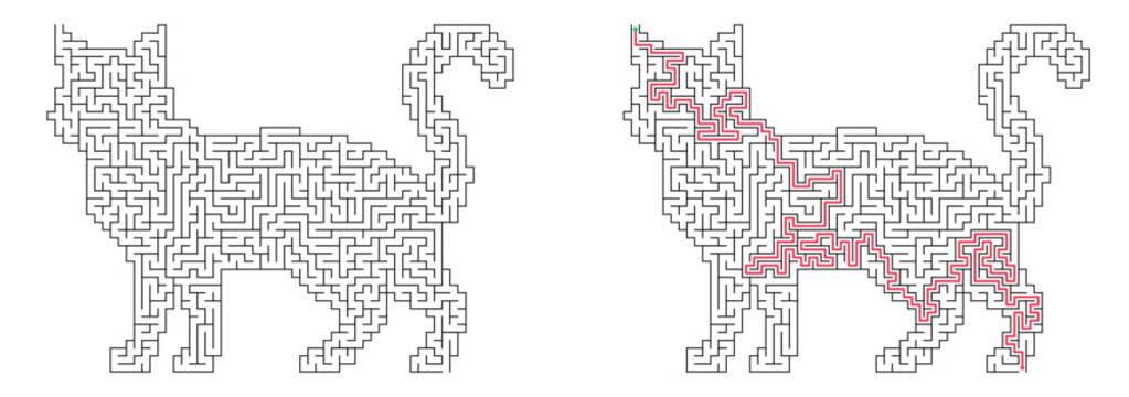 Cat shaped maze with solution. Simple black and white vector labyrinth, engaging logic puzzle game for kids and adults.