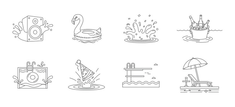 Summer pool party thin line icon set. Editable stroke. Vector illustration.