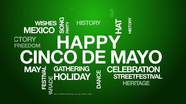 happy Cinco de Mayo concept Animated Tag Word Cloud kinetic typography, Text Design Animation typography seamless loop video motion graphics Intro Wordart tagcloud green background bg backdrop campaig