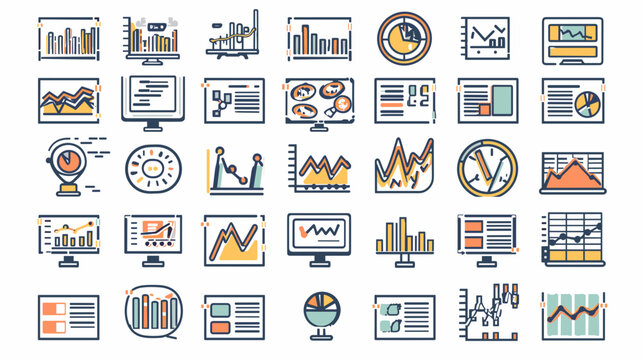 Colorful Business Data Analysis Icons Featuring Charts Graphs and Digital Statistics in Modern