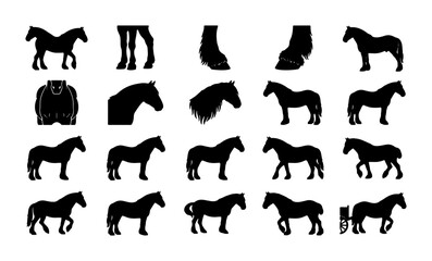 Horse Silhouettes and Line Art Icons Pack on White Background © DesignHost