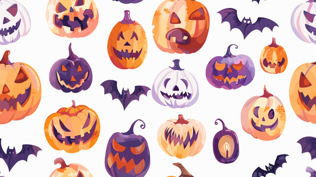 Colorful Collection of Halloween Pumpkins and Bats on a Light Background in Playful Design Pattern