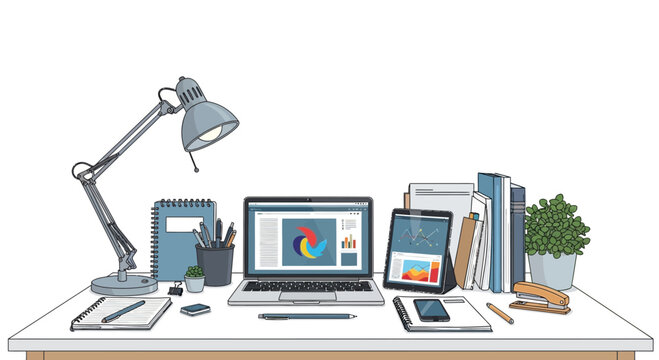 Modern Desk Workspace with Laptop, Tablet, Lamp, and Office Supplies