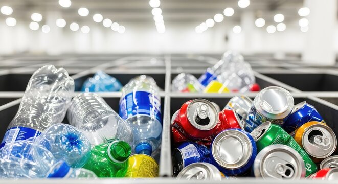 A clear view of discarded plastic beverage bottles and crushed metal tin cans inside a sorting container at a sustainable waste center, clear, environment, container