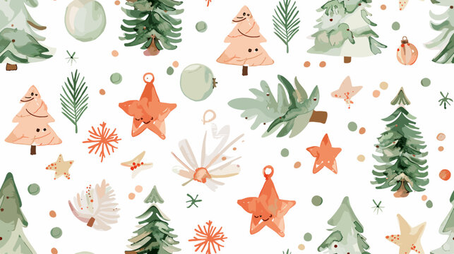 Colorful Festive Christmas Pattern with Decorative Trees Stars and Ornaments for Holiday