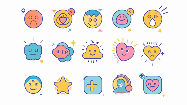 Colorful Emotion and Expression Icons Set Featuring Smiley Faces, Hearts and Clouds