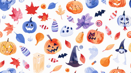 Obraz premium Colorful Halloween Pattern Featuring Pumpkins, Leaves, Candies and Whimsical Characters
