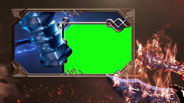 A blue gavel with lightning and a green screen on a fiery background