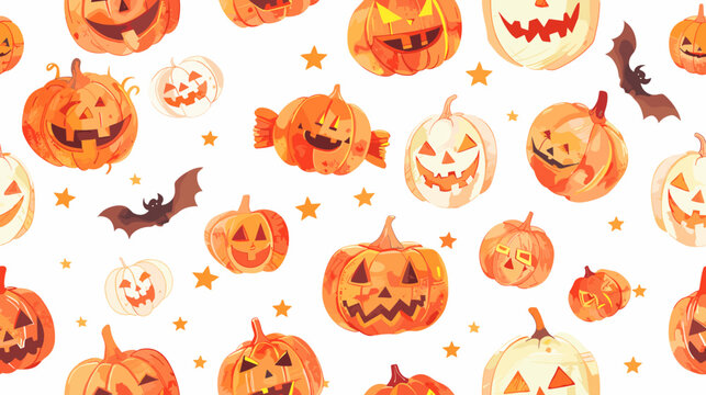 Colorful Halloween Pattern Featuring Smiling Pumpkins Bats and Autumn Decorations