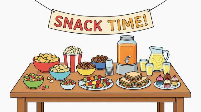 a table with assorted snacks and drinks