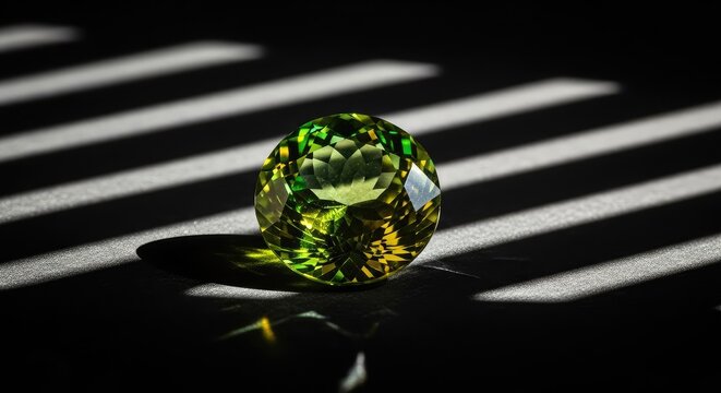 A faceted green and yellow gemstone sits on a dark surface, illuminated by dramatic striped light patterns that create sharp shadows, geometric, specimen, elegance