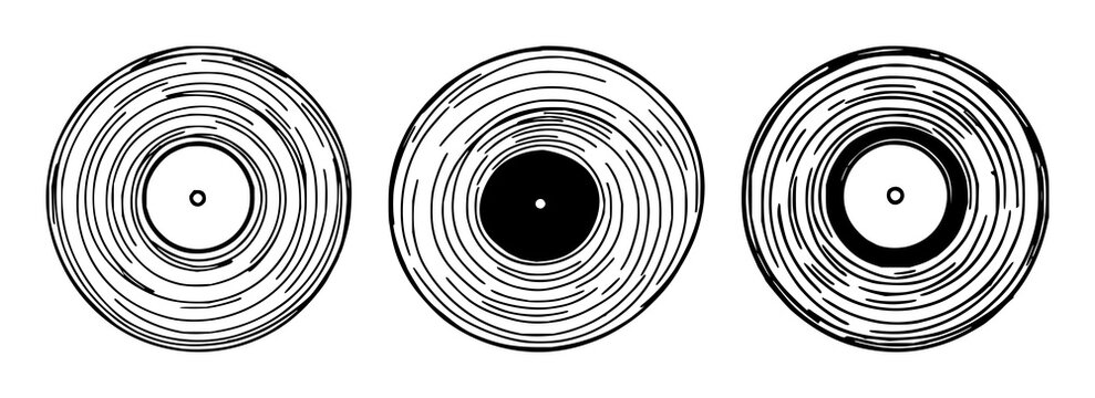 Vinyl record set with black line art on stark white background featuring music, audio, retro with iconography and design