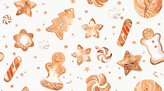 Colorful Pattern of Gingerbread Cookies and Festive Sweets on a Light Background