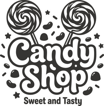 Black and white candy shop logo with lollipops