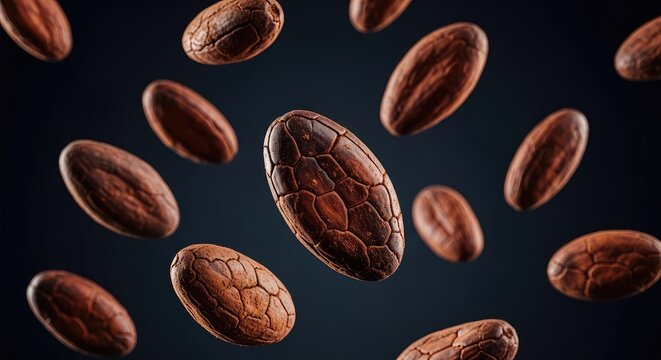A macro shot captures several roasted cocoa beans suspended in mid-air against a dark backdrop, showing rich textures and dynamic motion, natural, dry, brown