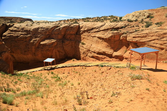 Entrance to Antelope Canyon. Antelope Canyon was formed by the erosion of Navajo Sandstone due to flash flooding from rainwater.
