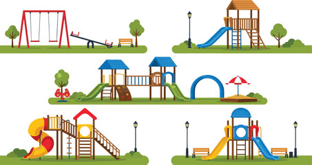 Playground equipment set with swings, slides, climbing frames and park elements, outdoor kids play area collection, cartoon vector illustration