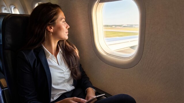 Professional woman looking out airplane window, contemplating journey and business travel