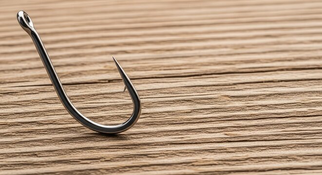 A sharp metallic fishing hook lies on a rustic wooden surface, highlighting the pointed tip and curved barb used for outdoor sports angling, shank, chrome, bent
