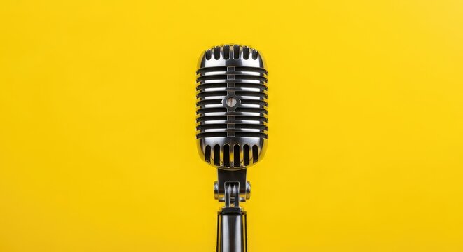 A shiny silver vintage style microphone stands vertically against a solid bright yellow backdrop, capturing a clean professional aesthetic, gear, technology, background