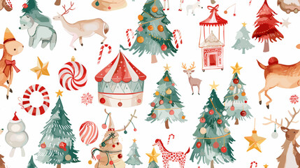 Festive Winter Holiday Decorations Featuring Christmas Trees, Reindeer, and Colorful Ornaments © AI PIC