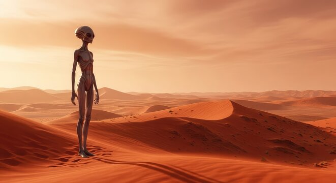 A slender extraterrestrial figure with large dark eyes stands on a vast red sand dune under a hazy orange sky in a desolate alien landscape, planet, atmospheric, dry