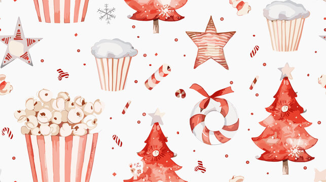 Festive Watercolor Pattern Featuring Popcorn, Candy Canes, Stars, and Christmas Trees