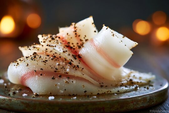 Thinly sliced lardo di colonnata meat with black pepper and sea salt